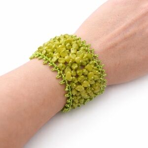 Vintage Lime Green Beaded Cuff Bracelet Wide Statement Seed Bead & Chip Stone